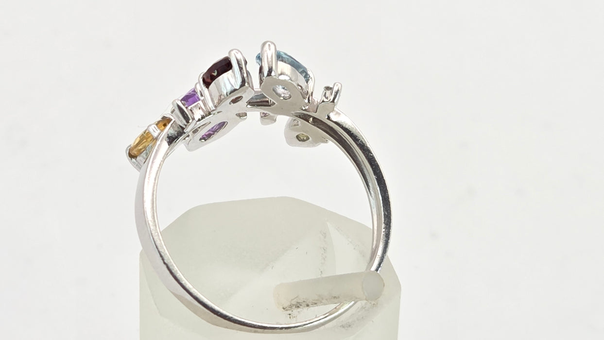 2655: Vintage 9ct white Gold Abstract Multi-Gem Dress Ring