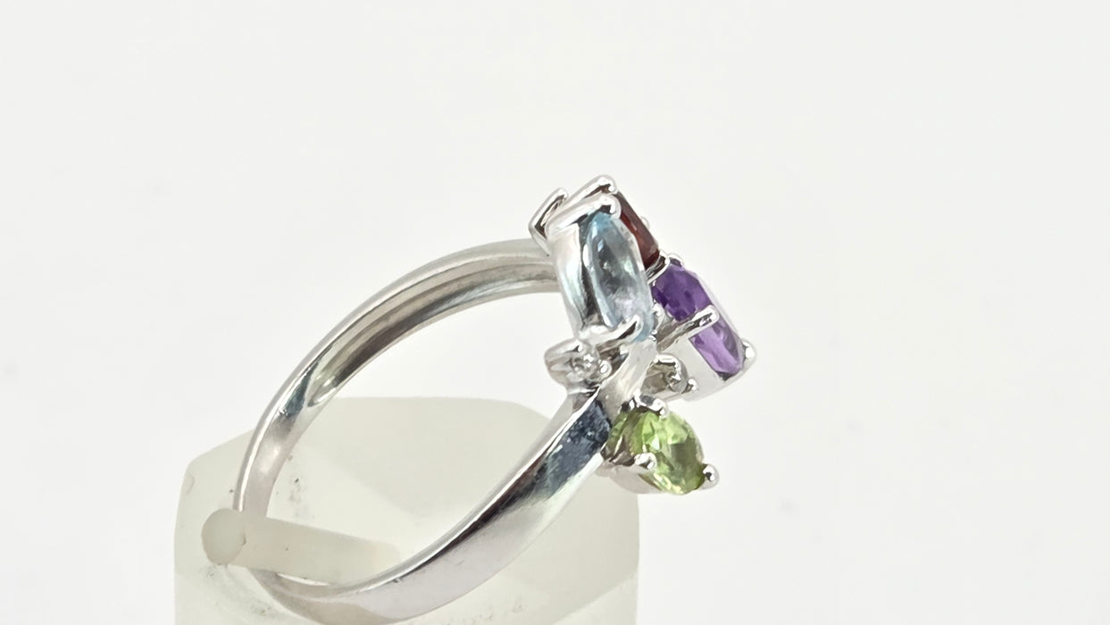2655: Vintage 9ct white Gold Abstract Multi-Gem Dress Ring
