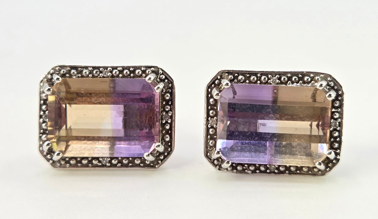 2663: Vintage 9ct White Gold Large Ametrine Diamonds Stud Earrings