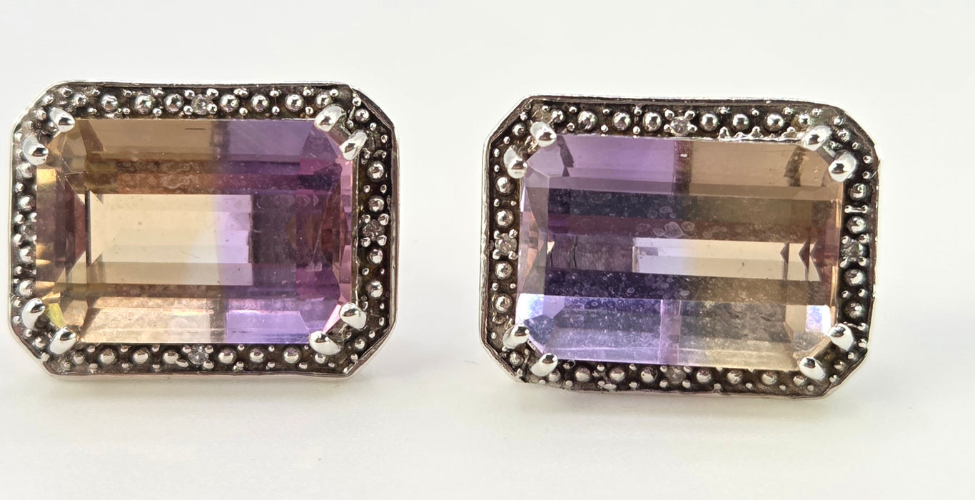 2663: Vintage 9ct White Gold Large Ametrine Diamonds Stud Earrings