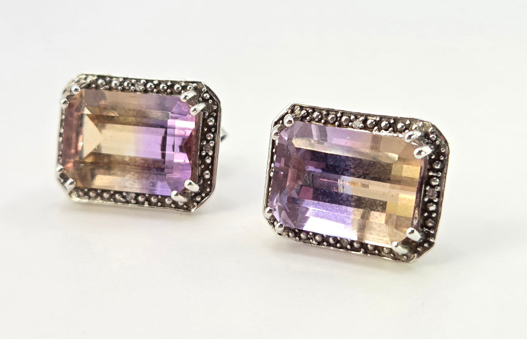 2663: Vintage 9ct White Gold Large Ametrine Diamonds Stud Earrings
