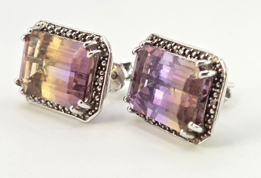 2663: Vintage 9ct White Gold Large Ametrine Diamonds Stud Earrings