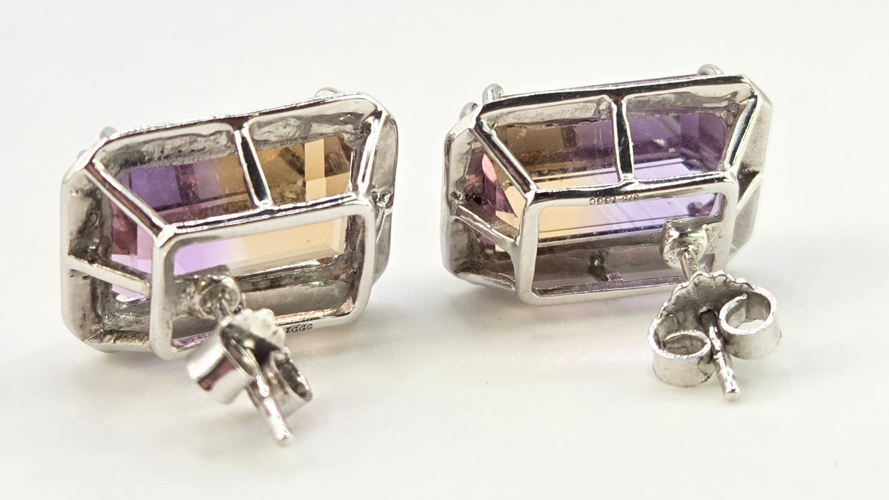 2663: Vintage 9ct White Gold Large Ametrine Diamonds Stud Earrings