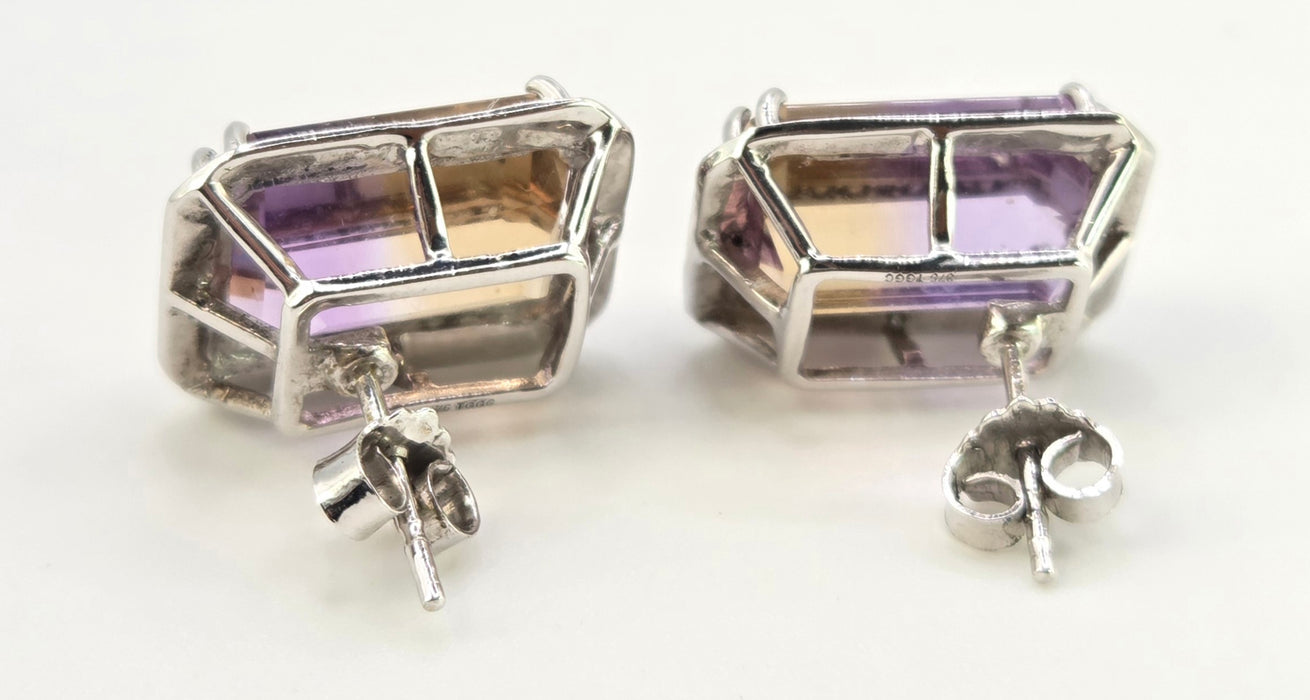 2663: Vintage 9ct White Gold Large Ametrine Diamonds Stud Earrings
