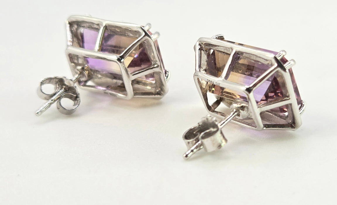 2663: Vintage 9ct White Gold Large Ametrine Diamonds Stud Earrings