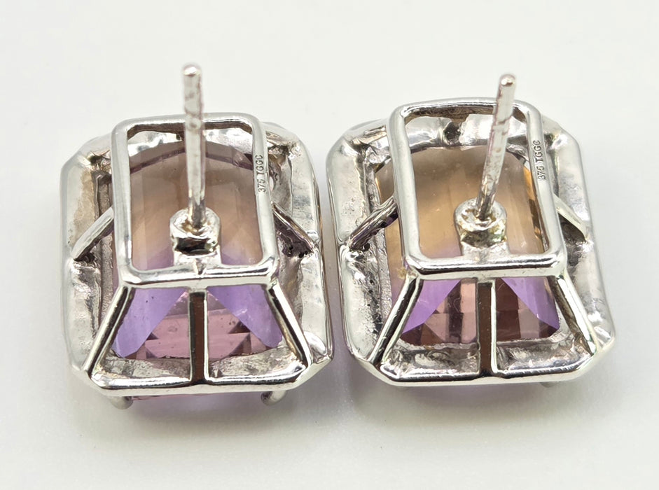 2663: Vintage 9ct White Gold Large Ametrine Diamonds Stud Earrings