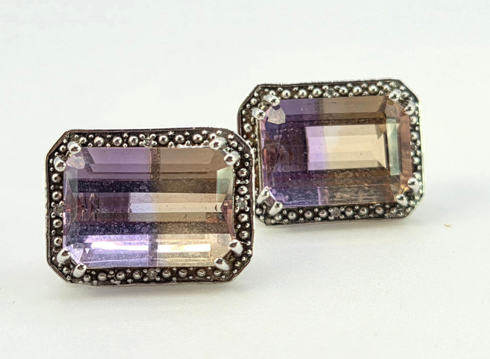 2663: Vintage 9ct White Gold Large Ametrine Diamonds Stud Earrings