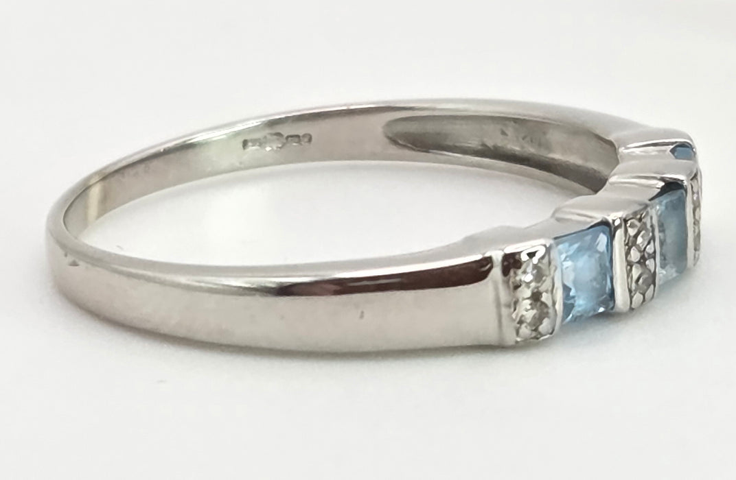 2768: Vintage 9ct White Gold Swiss Blue Topaz 8 Natural Diamonds Half-Eternity/Stacker Ring