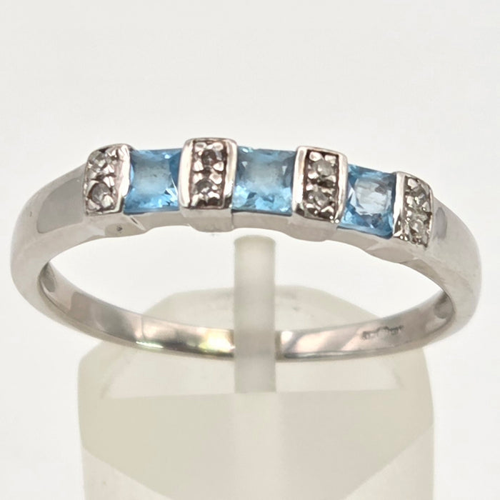 2768: Vintage 9ct White Gold Swiss Blue Topaz 8 Natural Diamonds Half-Eternity/Stacker Ring