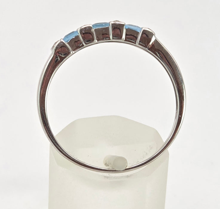2768: Vintage 9ct White Gold Swiss Blue Topaz 8 Natural Diamonds Half-Eternity/Stacker Ring