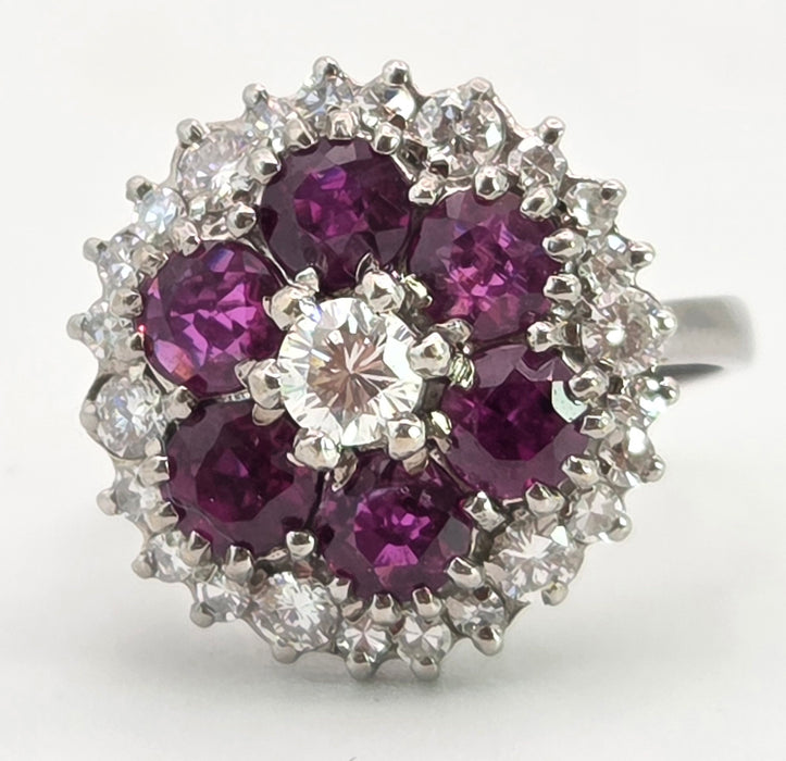 2941: Vintage 18ct White Gold Rubies(2.58ct) Diamonds (1ct) Cocktail Cluster Ring- From 1981