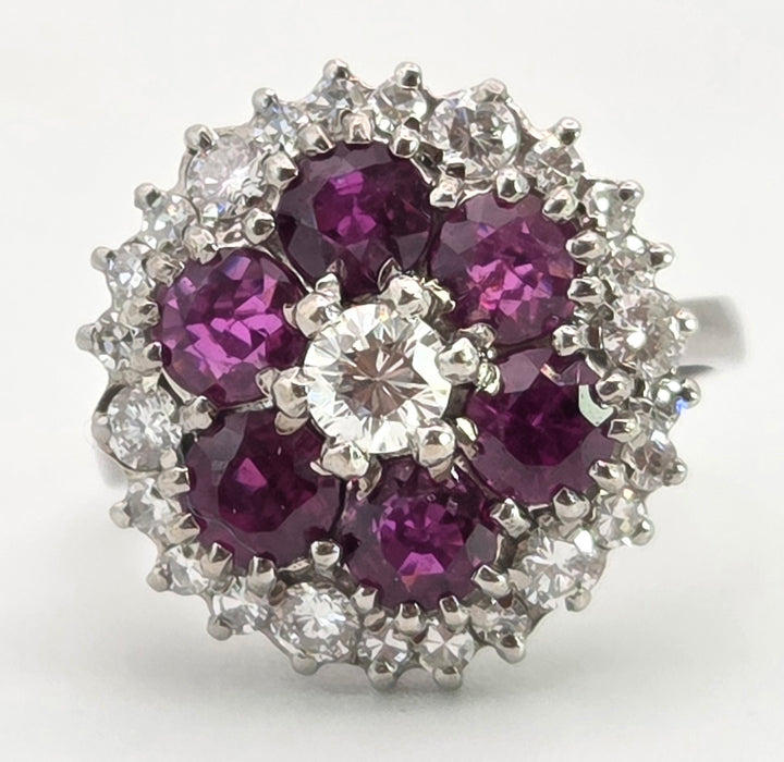 2941: Vintage 18ct White Gold Rubies(2.58ct) Diamonds (1ct) Cocktail Cluster Ring- From 1981