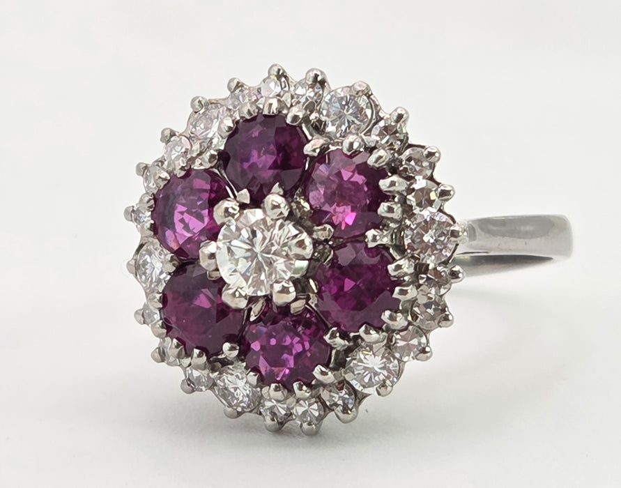 2941: Vintage 18ct White Gold Rubies(2.58ct) Diamonds (1ct) Cocktail Cluster Ring- From 1981