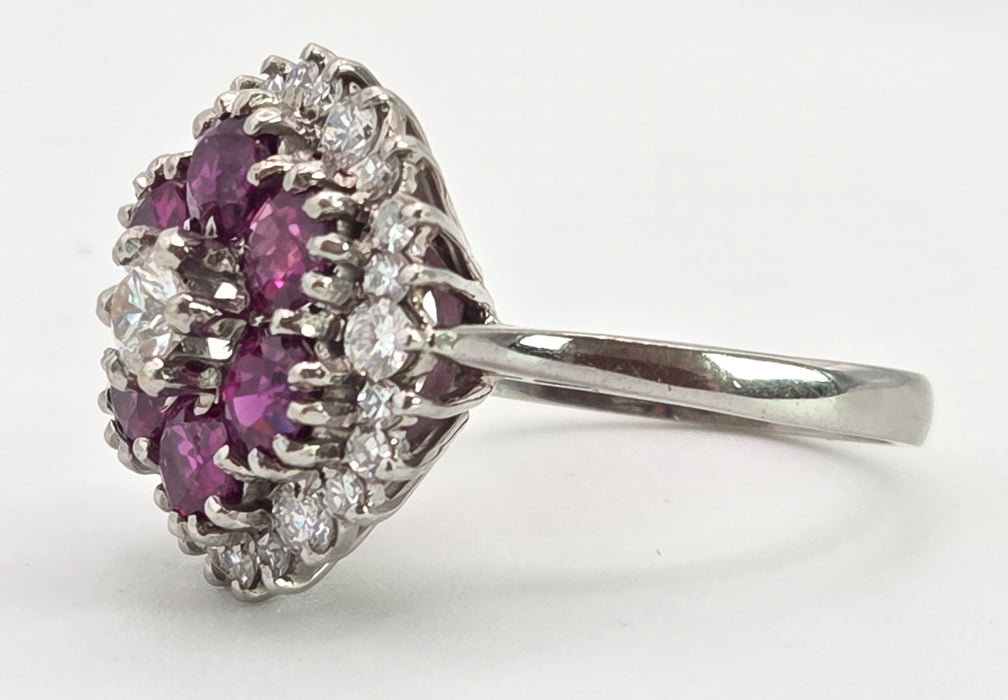 2941: Vintage 18ct White Gold Rubies(2.58ct) Diamonds (1ct) Cocktail Cluster Ring- From 1981