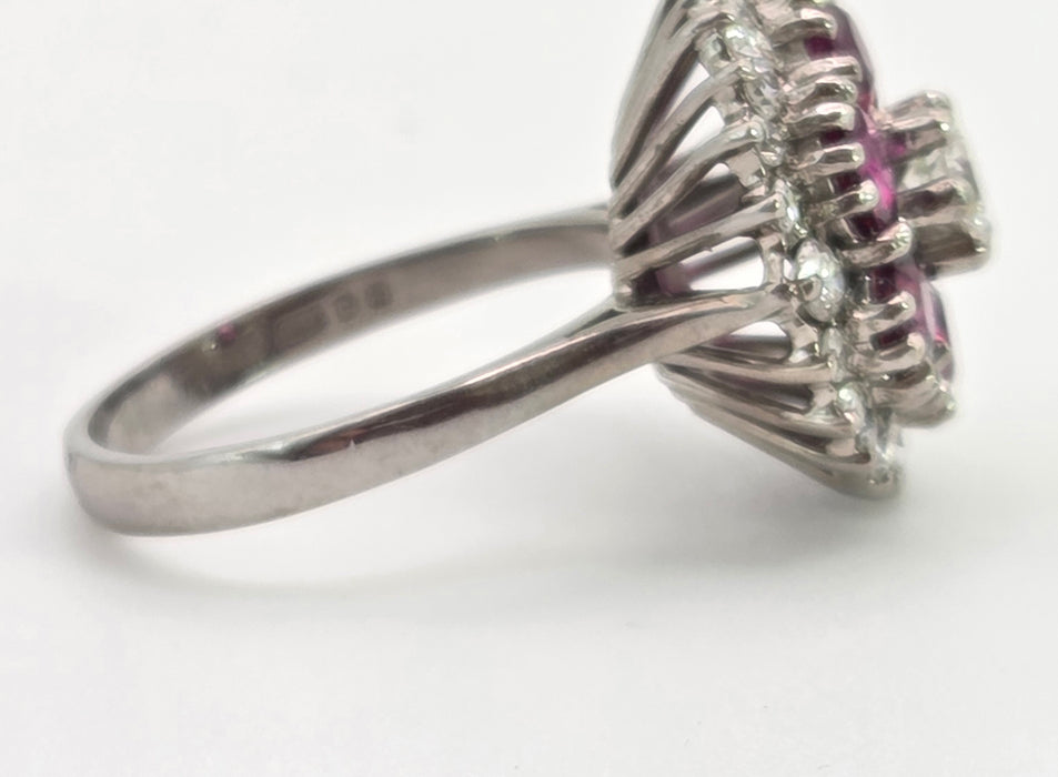 2941: Vintage 18ct White Gold Rubies(2.58ct) Diamonds (1ct) Cocktail Cluster Ring- From 1981