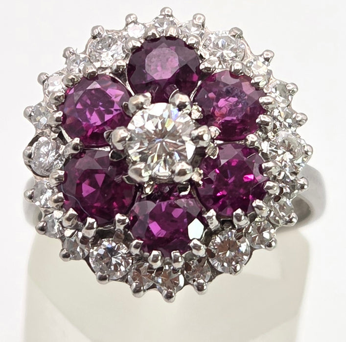 2941: Vintage 18ct White Gold Rubies(2.58ct) Diamonds (1ct) Cocktail Cluster Ring- From 1981