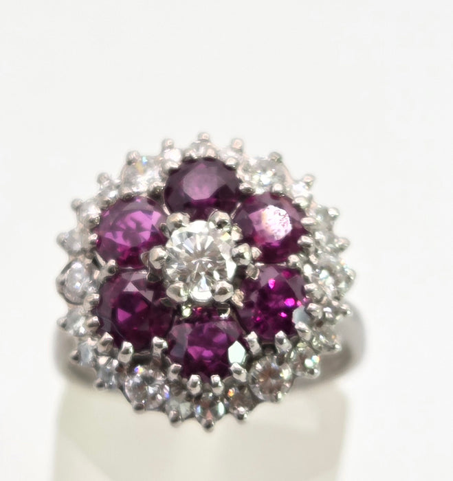 2941: Vintage 18ct White Gold Rubies(2.58ct) Diamonds (1ct) Cocktail Cluster Ring- From 1981