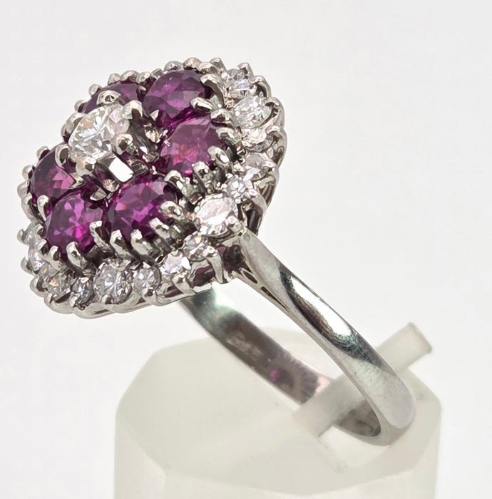 2941: Vintage 18ct White Gold Rubies(2.58ct) Diamonds (1ct) Cocktail Cluster Ring- From 1981