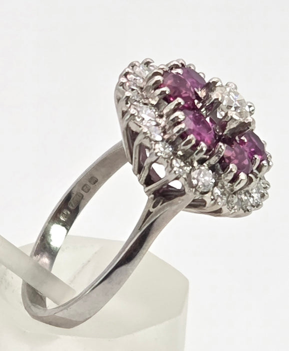 2941: Vintage 18ct White Gold Rubies(2.58ct) Diamonds (1ct) Cocktail Cluster Ring- From 1981