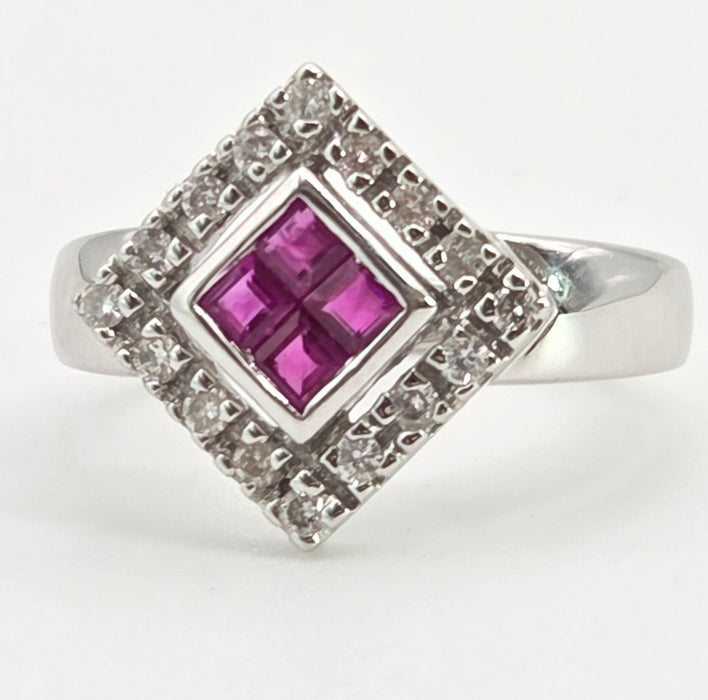 2947: Vintage 18ct White Gold Art Deco Style Rubies & Diamonds Ring