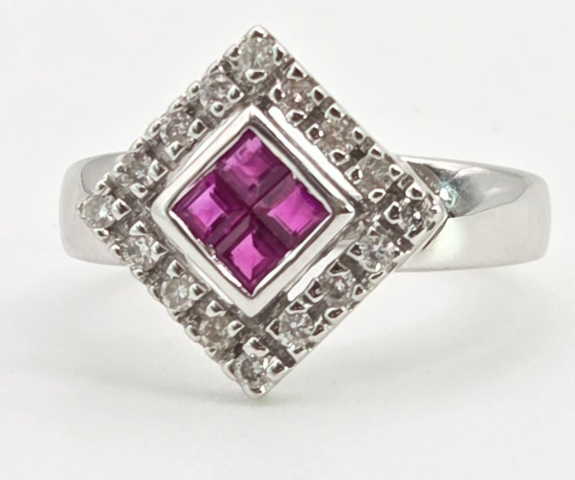 2947: Vintage 18ct White Gold Art Deco Style Rubies & Diamonds Ring