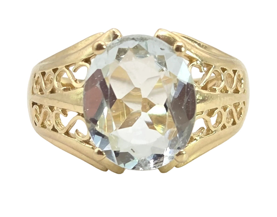2948: Vintage 14ct Gold Large Pale Blue Aquamarine (3.67ct) Openwork Cocktail Ring