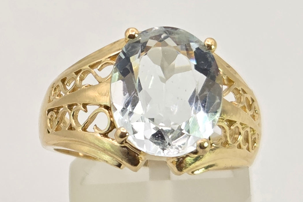 2948: Vintage 14ct Gold Large Pale Blue Aquamarine (3.67ct) Openwork Cocktail Ring