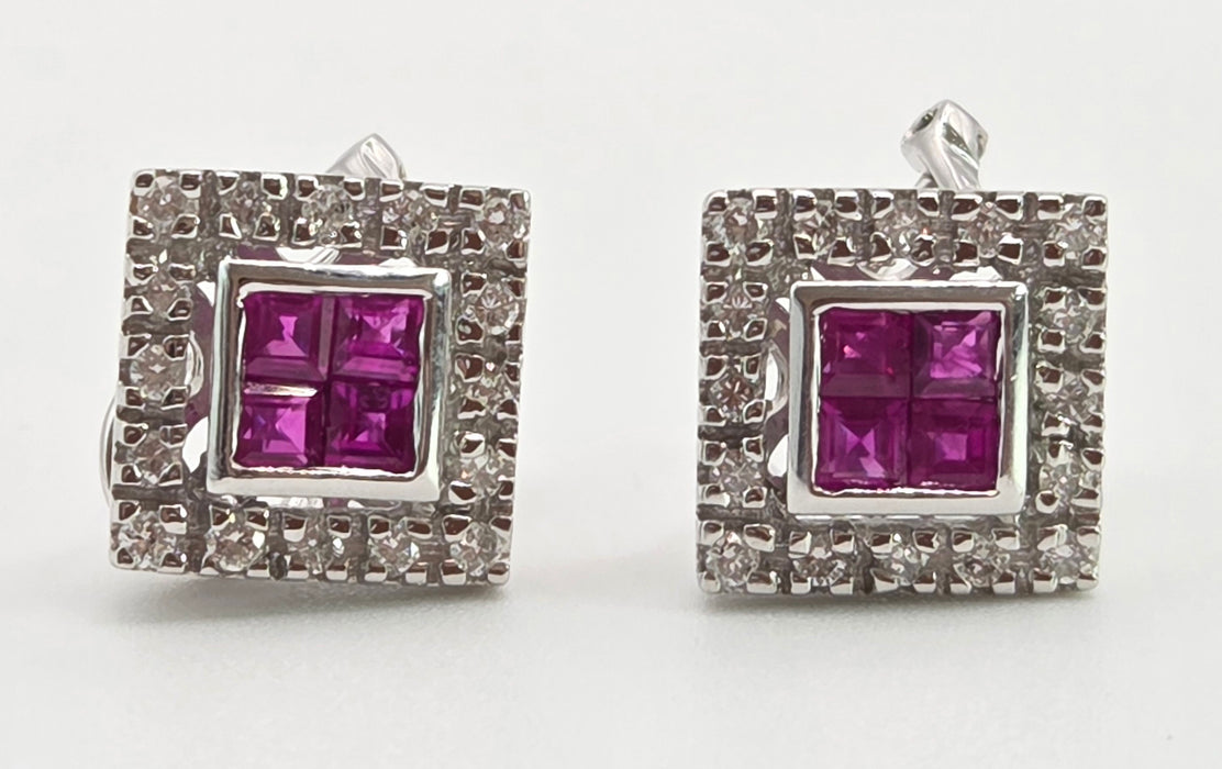 2953: Vintage 18ct White Gold Art Deco Style Rubies Diamonds (0.5ct) Stud Earrings