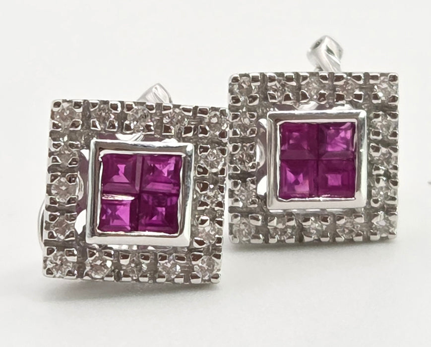 2953: Vintage 18ct White Gold Art Deco Style Rubies Diamonds (0.5ct) Stud Earrings