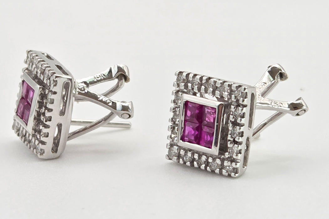 2953: Vintage 18ct White Gold Art Deco Style Rubies Diamonds (0.5ct) Stud Earrings