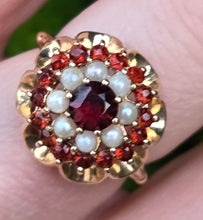 Load image into Gallery viewer, 1420: Vintage: 9ct Gold Garnets Seed Pearls Flower Head Ring- From 1973

