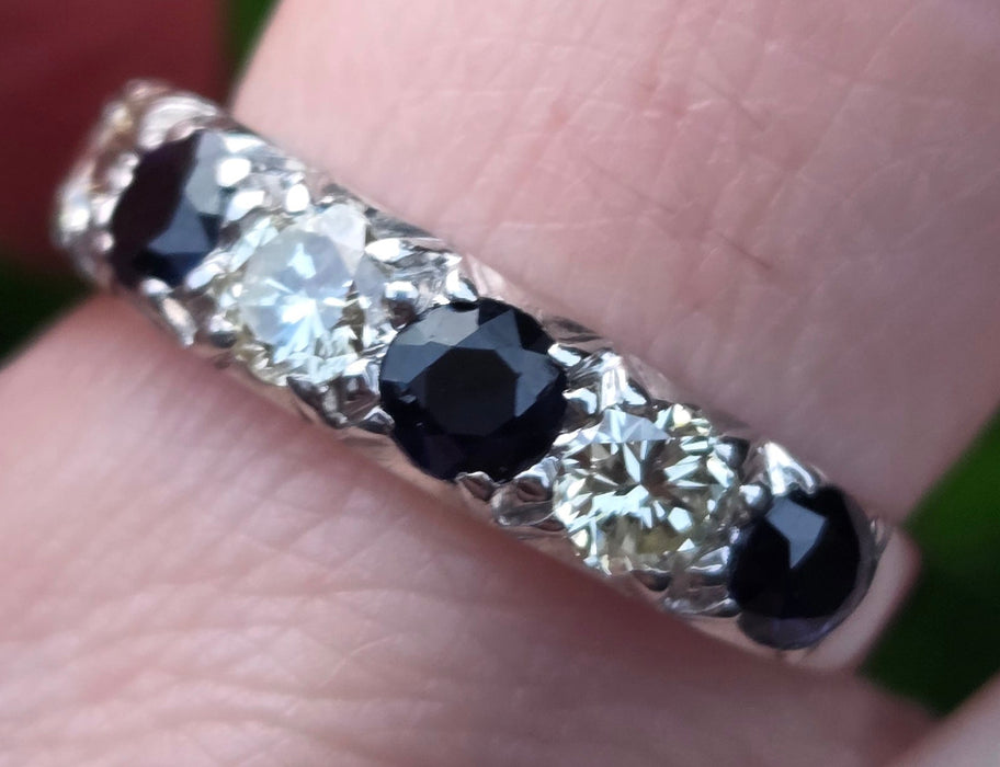6087- Vintage: Exceptional 18ct White Gold Diamonds (0.75ct) Sapphires Half Eternity Ring - superb