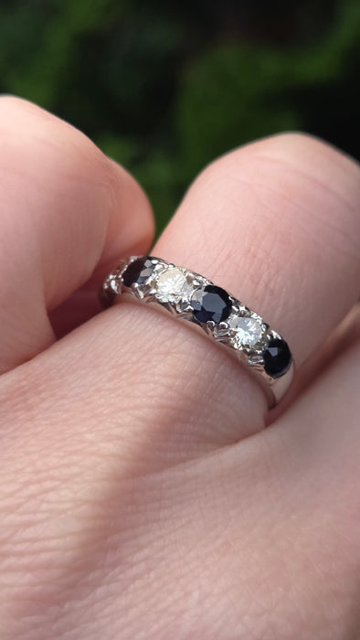 6087- Vintage: Exceptional 18ct White Gold Diamonds (0.75ct) Sapphires Half Eternity Ring - superb