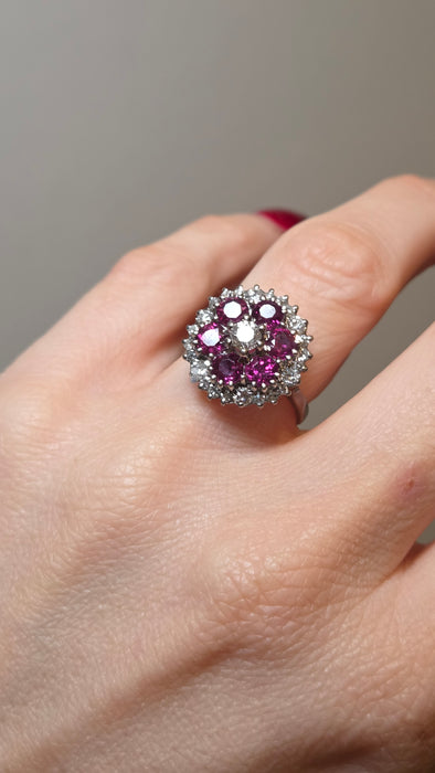 2941: Vintage 18ct White Gold Rubies(2.58ct) Diamonds (1ct) Cocktail Cluster Ring- From 1981