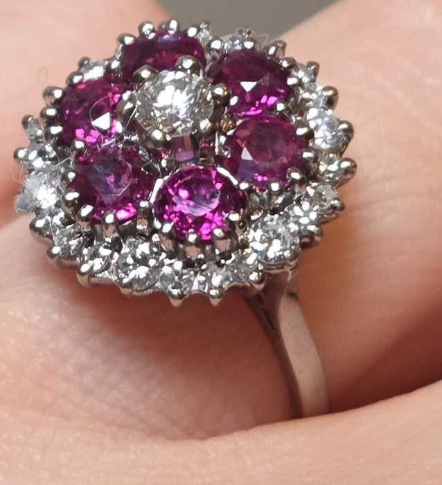2941: Vintage 18ct White Gold Rubies(2.58ct) Diamonds (1ct) Cocktail Cluster Ring- From 1981