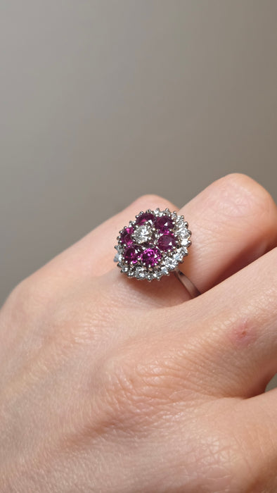 2941: Vintage 18ct White Gold Rubies(2.58ct) Diamonds (1ct) Cocktail Cluster Ring- From 1981