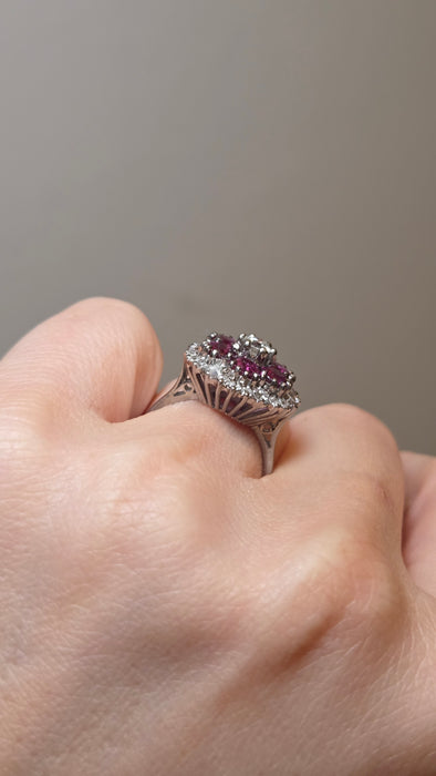 2941: Vintage 18ct White Gold Rubies(2.58ct) Diamonds (1ct) Cocktail Cluster Ring- From 1981