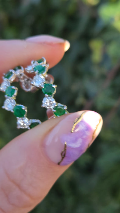 2914: Vintage (1975) Exceptional 18ct White Gold Emeralds Diamonds Hoop Earrings- elegance personified