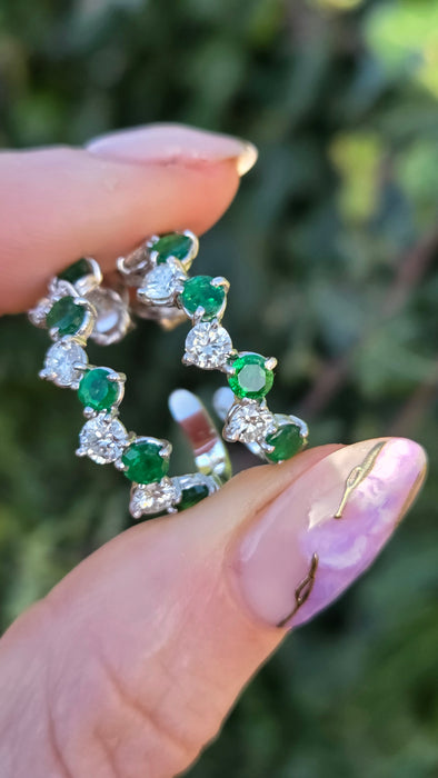 2914: Vintage (1975) Exceptional 18ct White Gold Emeralds Diamonds Hoop Earrings- elegance personified