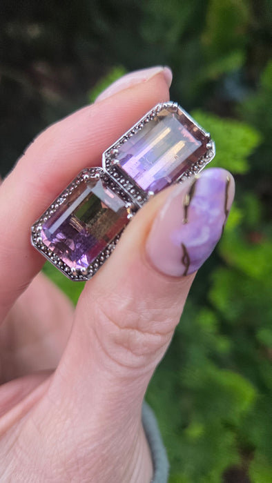 2663: Vintage 9ct White Gold Large Ametrine Diamonds Stud Earrings