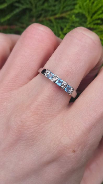 2768: Vintage 9ct White Gold Swiss Blue Topaz 8 Natural Diamonds Half-Eternity/Stacker Ring