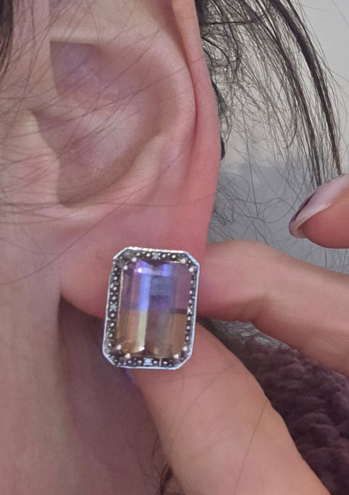 2663: Vintage 9ct White Gold Large Ametrine Diamonds Stud Earrings