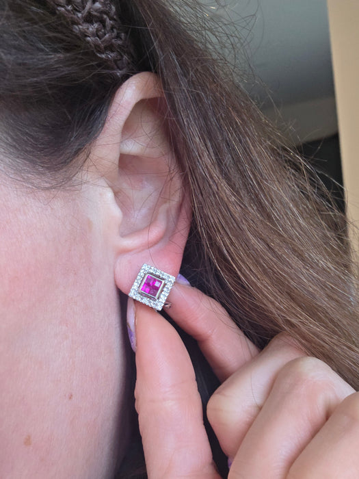 2953: Vintage 18ct White Gold Art Deco Style Rubies Diamonds (0.5ct) Stud Earrings