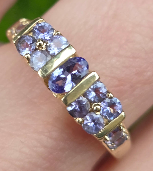 2766: Vintage 9ct Gold Violet Blue Tanzanites Stacker/Half Eternity Ring