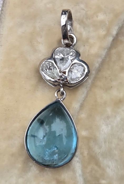 6494 Vintage: 9ct White Gold 6.01ct Aquamarine & 0.80ct Diamond Drop Pendant