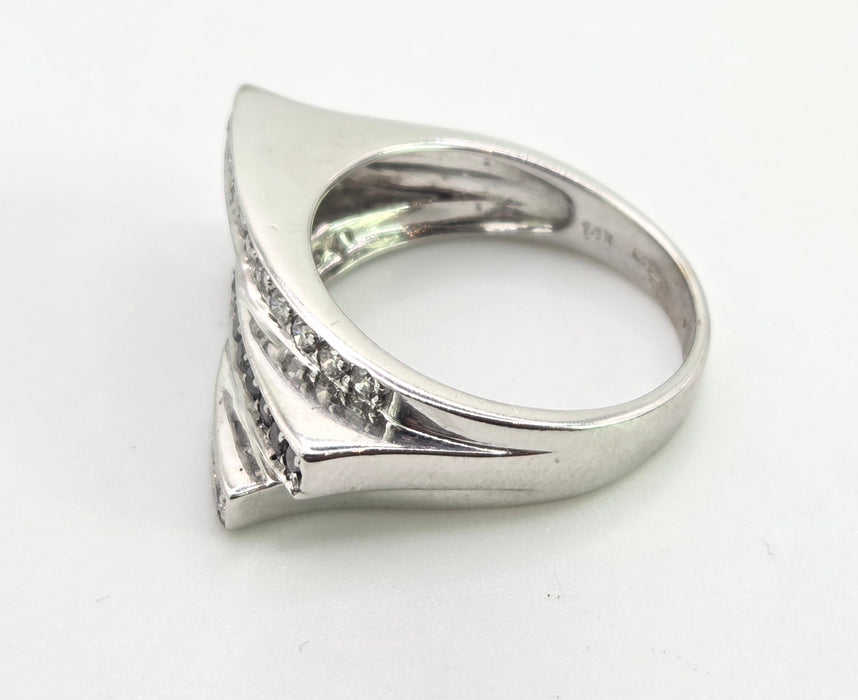 2657:  Vintage 14ct White Gold Natural Black  White Diamonds Layered Ring