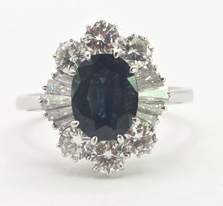 2898: Vintage 18ct White Gold Natural Diamonds (2.1ct) Sapphire Diana Style Cluster Ring