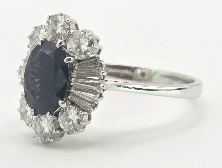 2898: Vintage 18ct White Gold Natural Diamonds (2.1ct) Sapphire Diana Style Cluster Ring