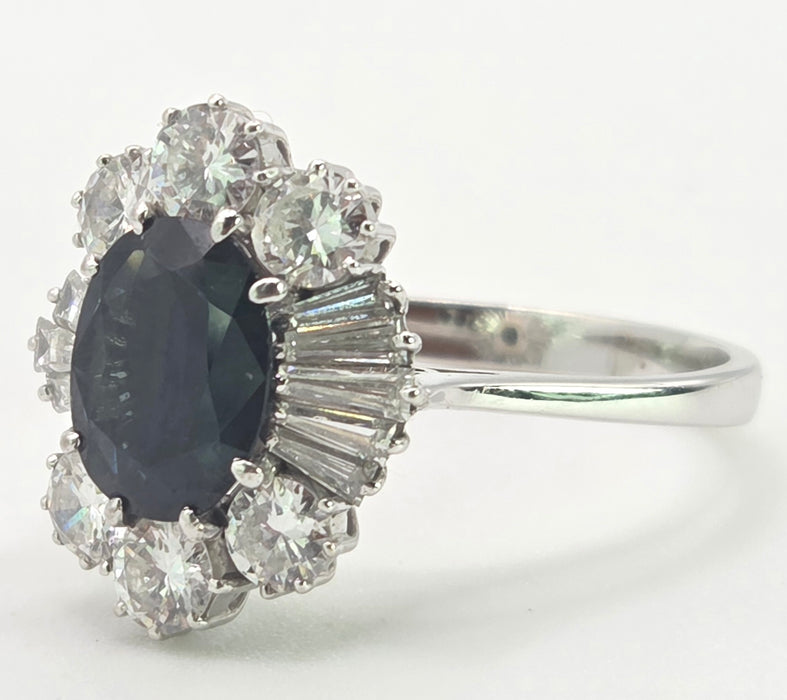 2898: Vintage 18ct White Gold Natural Diamonds (2.1ct) Sapphire Diana Style Cluster Ring