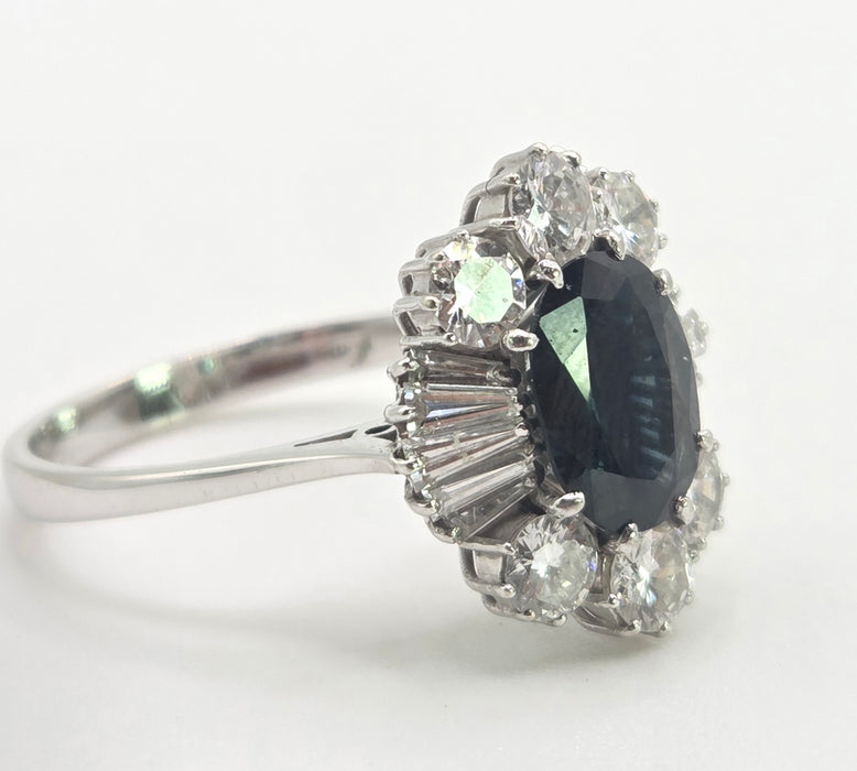 2898: Vintage 18ct White Gold Natural Diamonds (2.1ct) Sapphire Diana Style Cluster Ring